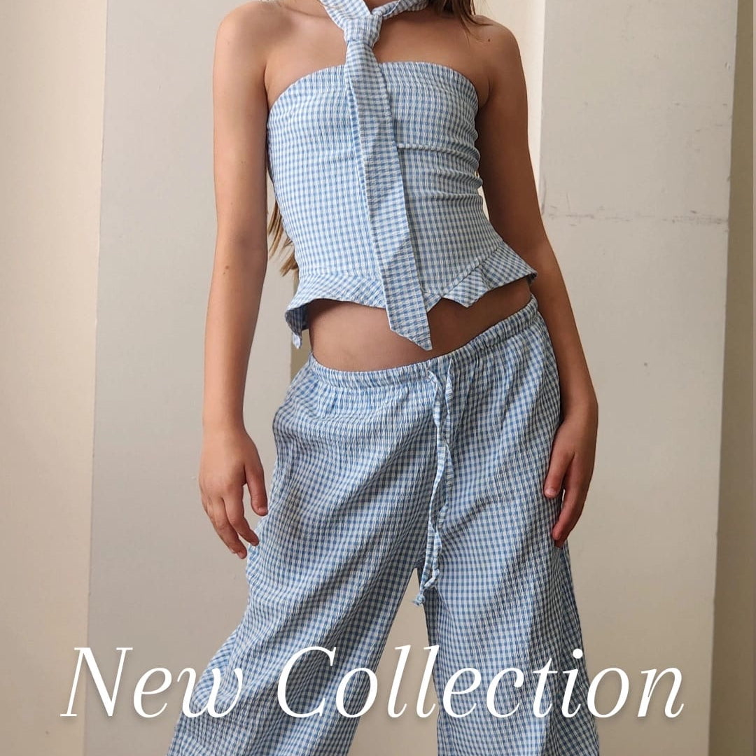 סט משבצות פפיטה - מכנס רחב סטרפלס עם גומי כיווץ ועניבה