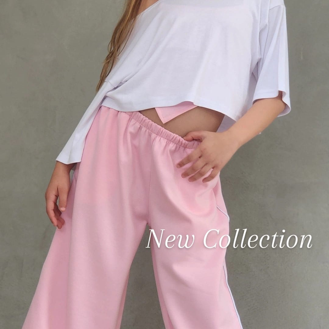 סט היפ הופ מכנס חולצה וגופייה ספורטיבי לבנות וורוד לבן