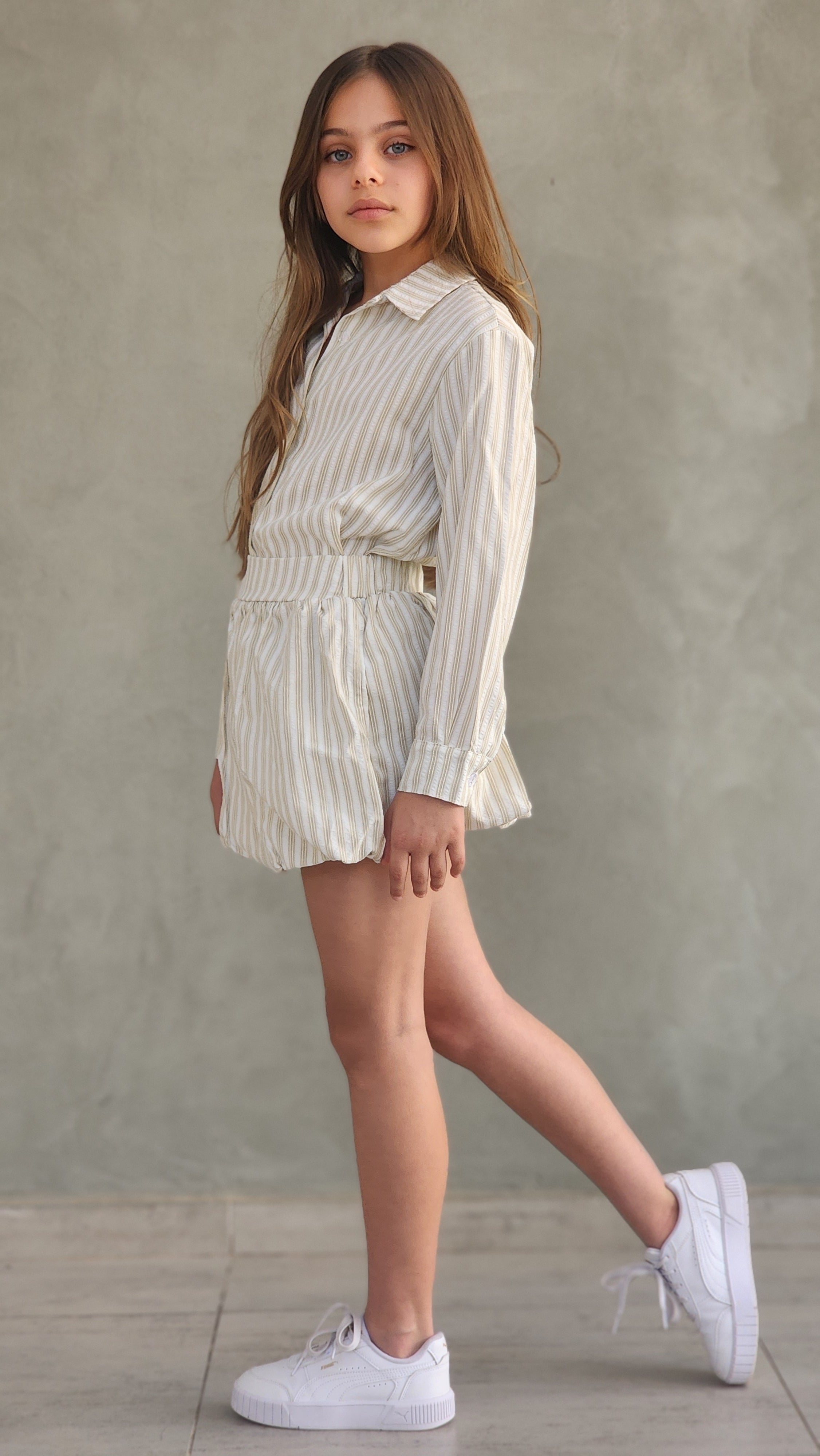 סט פסים לבנות חצאית בלון וחולצה מכופתרת DUNEKIDS