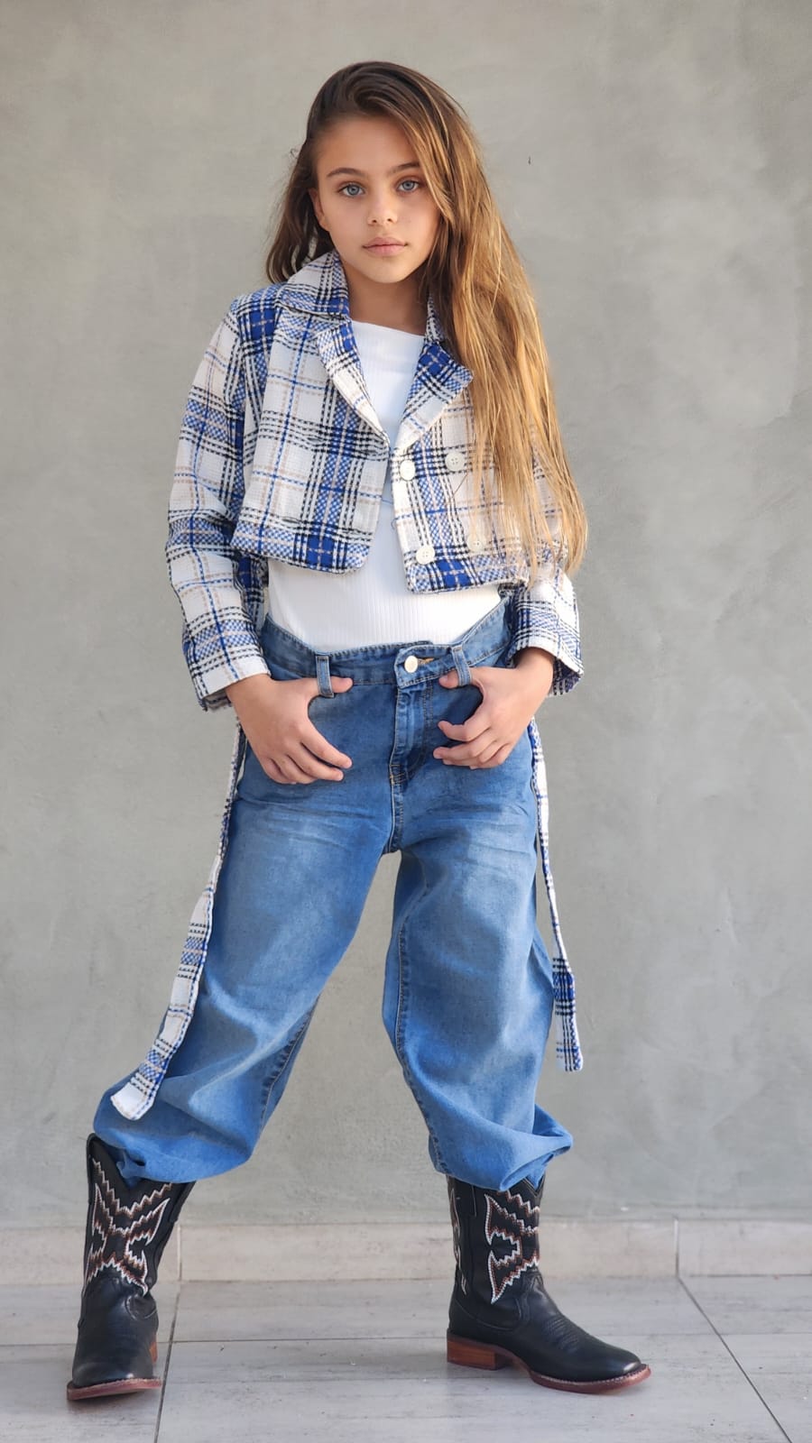 ג'קט משובץ לילדה נערה כולל חגורה