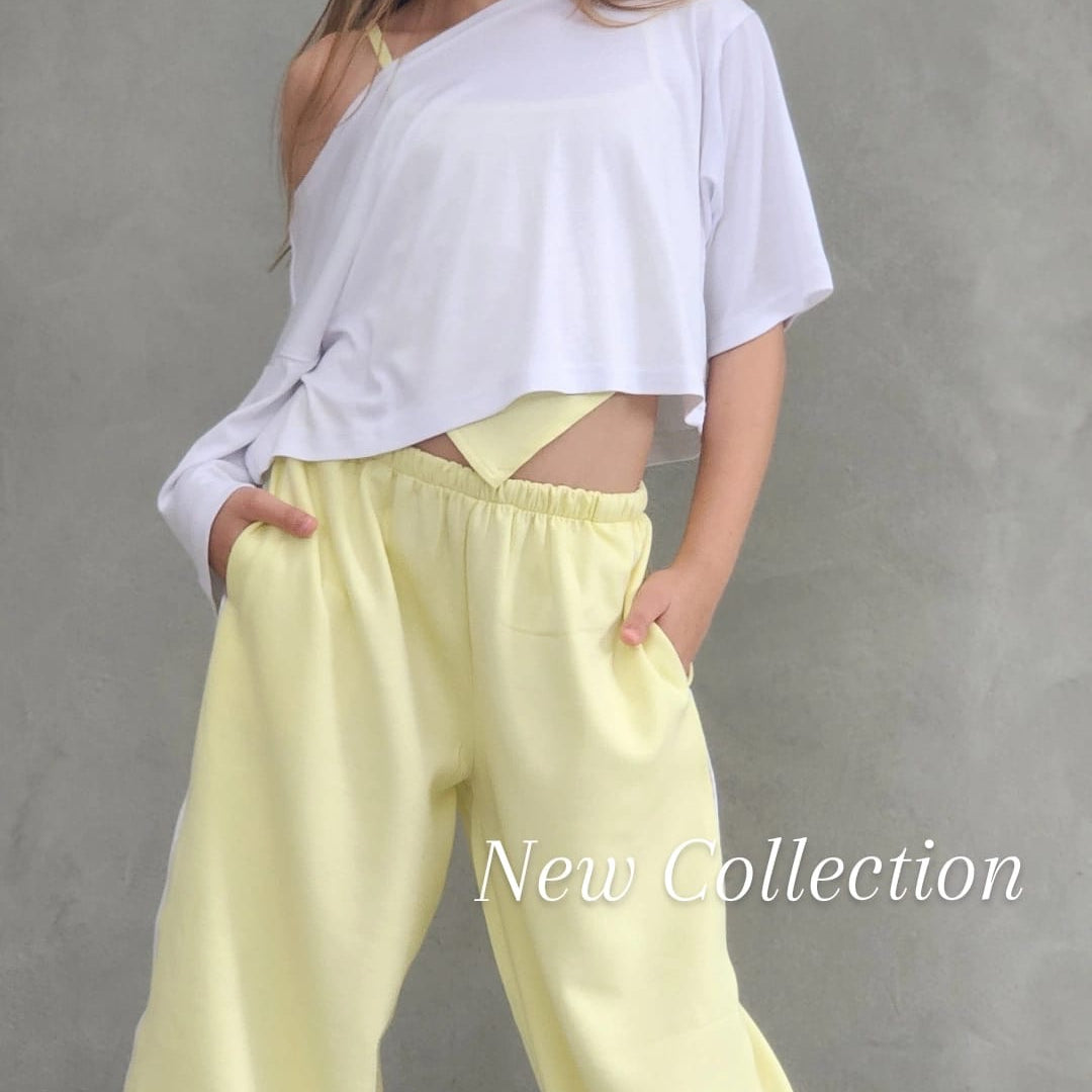 חליפת היפ הופ מכנס חולצה וגופייה לבנות צהוב לבן