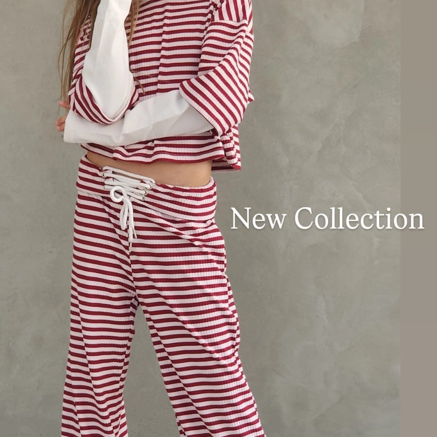 חליפת סריג פסים מכנס וחולצת שרוול כפפה