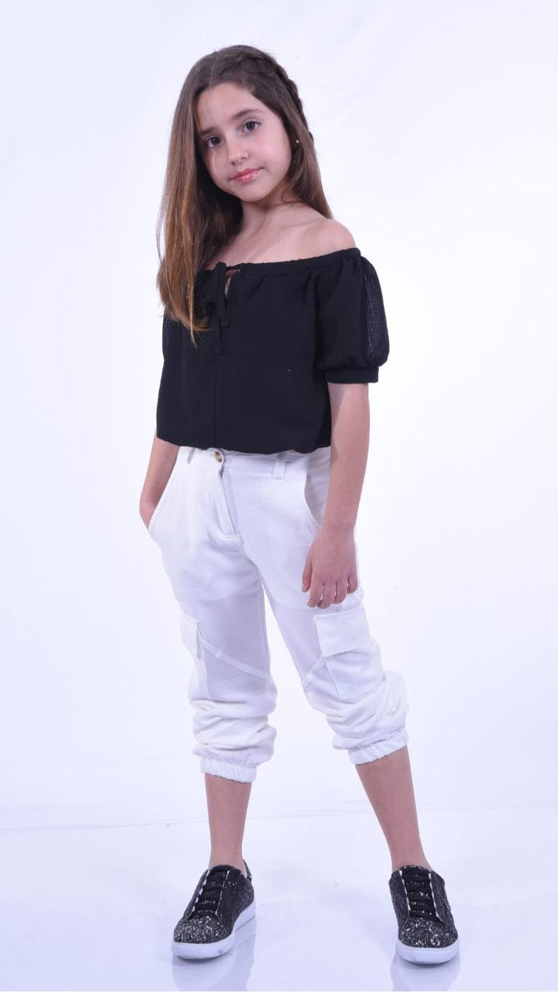 חולצת לילדה שרוול קצר קשירה שחורה