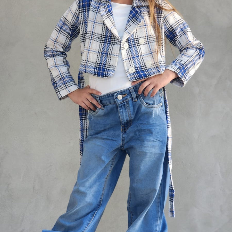 ג'קט משובץ לילדה נערה כולל חגורה