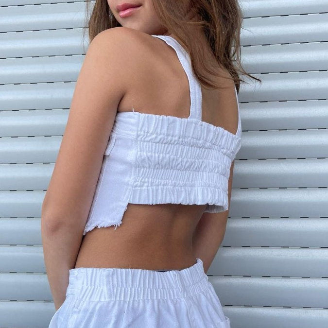 חולצת סטרפלס כתפיות ג'ינס לבן לילדה