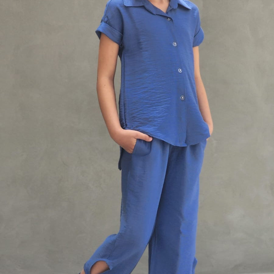 סט מכנס טקסטורה פרח וחולצה