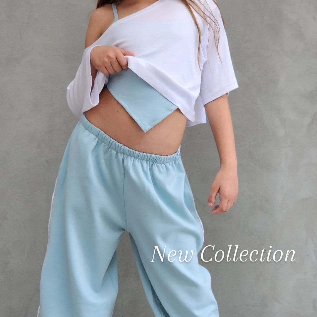 סט היפ הופ מכנס חולצה וגופייה ספורטיבי לבנות תכלת