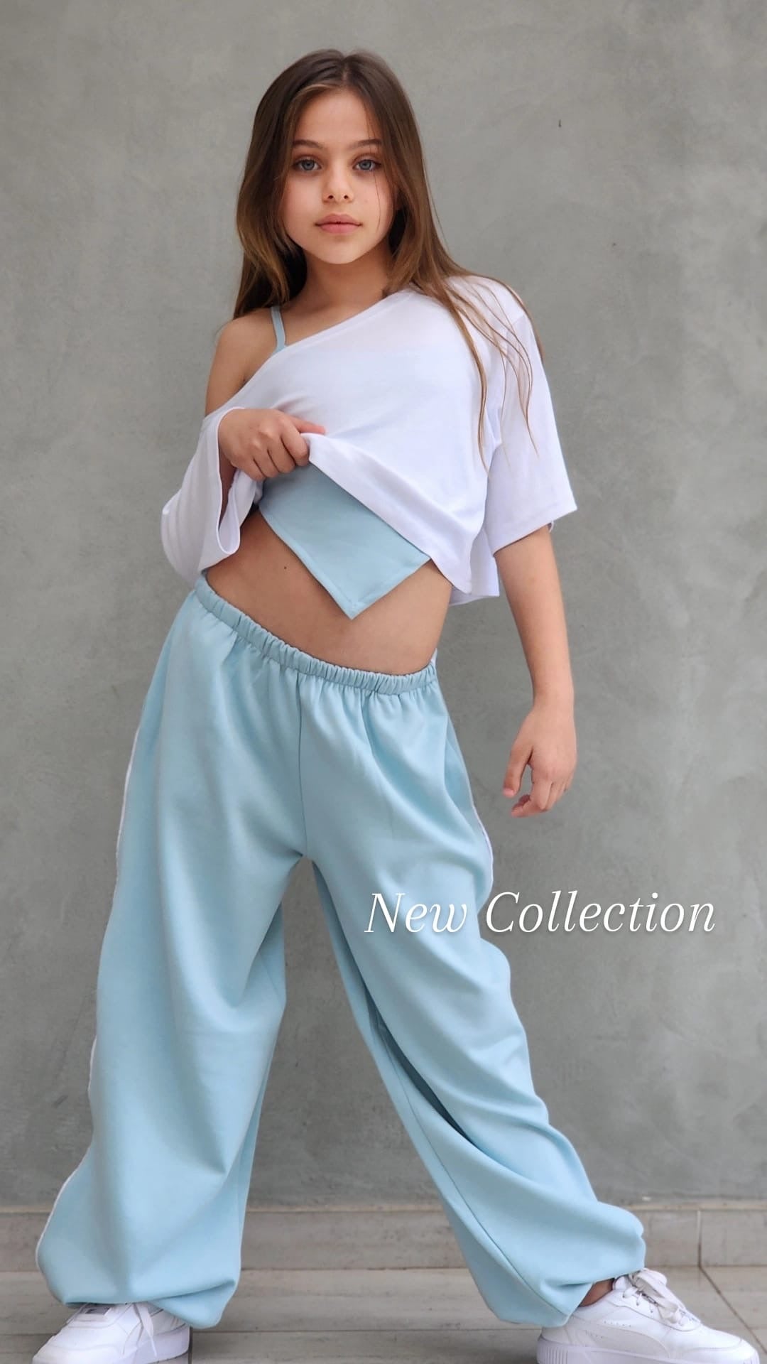 סט היפ הופ מכנס חולצה וגופייה ספורטיבי לבנות תכלת
