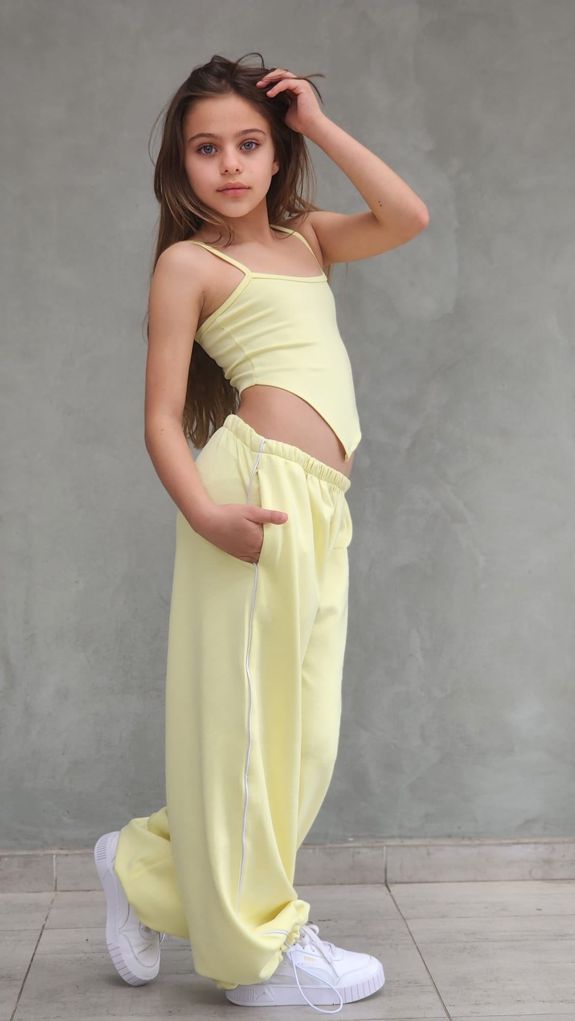 סט היפ הופ מכנס חולצה וגופייה ספורטיבי לבנות צהוב