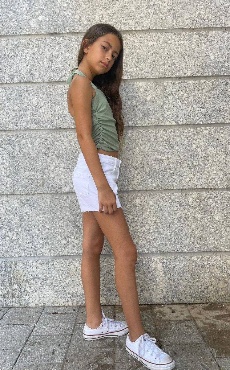 גופייה לילדה כיווץ קשירת גב ירוק זית