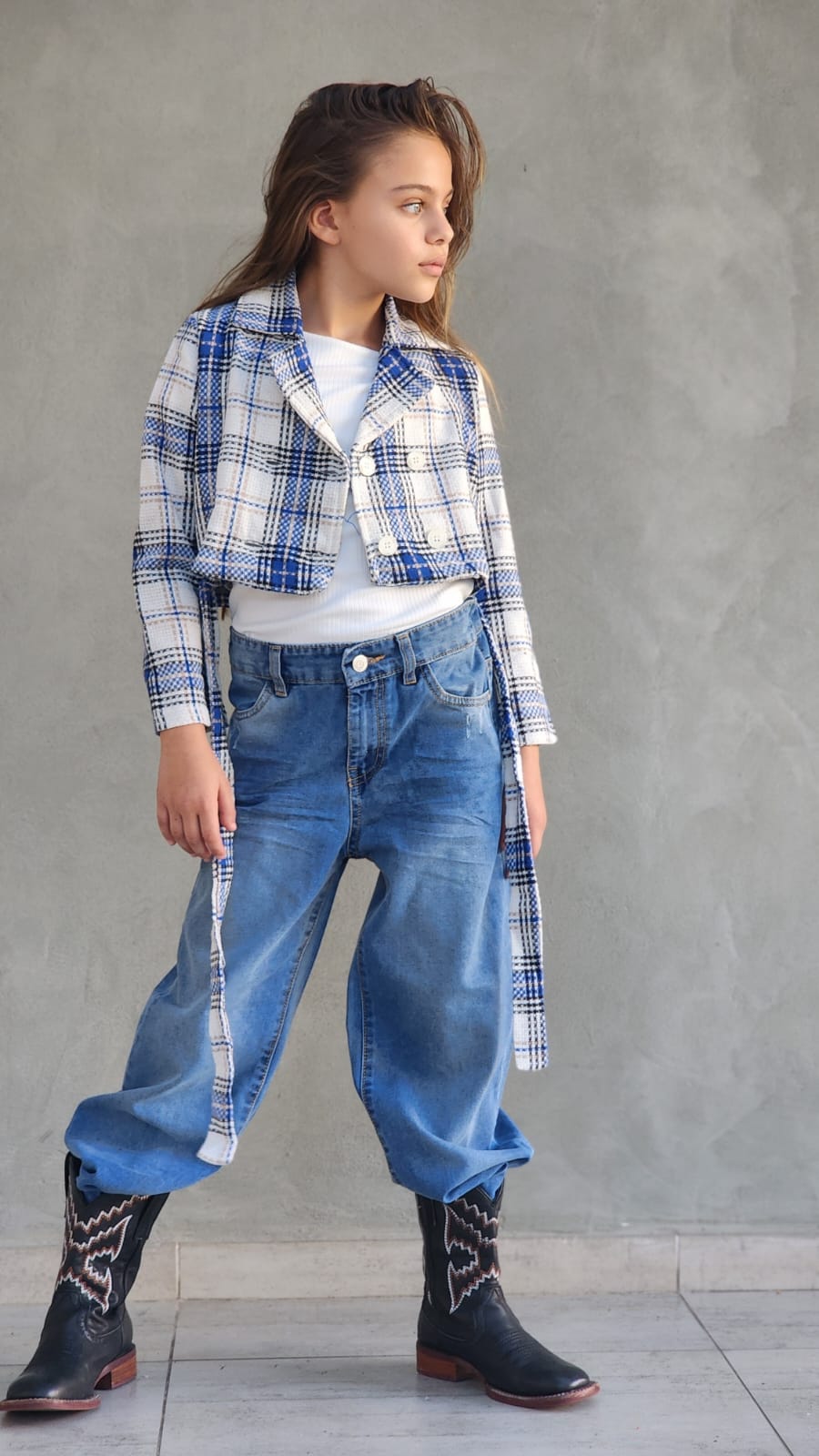 ג'קט משובץ טרנדי לילדה נערה כולל חגורה