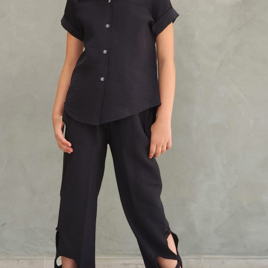 סט מכנס טקסטורה פרח וחולצה