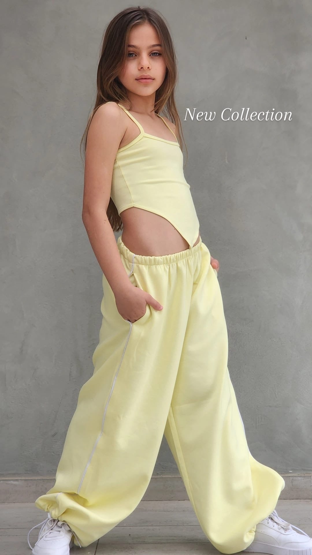 סט היפ הופ מכנס חולצה וגופייה ספורטיבי לבנות צהוב