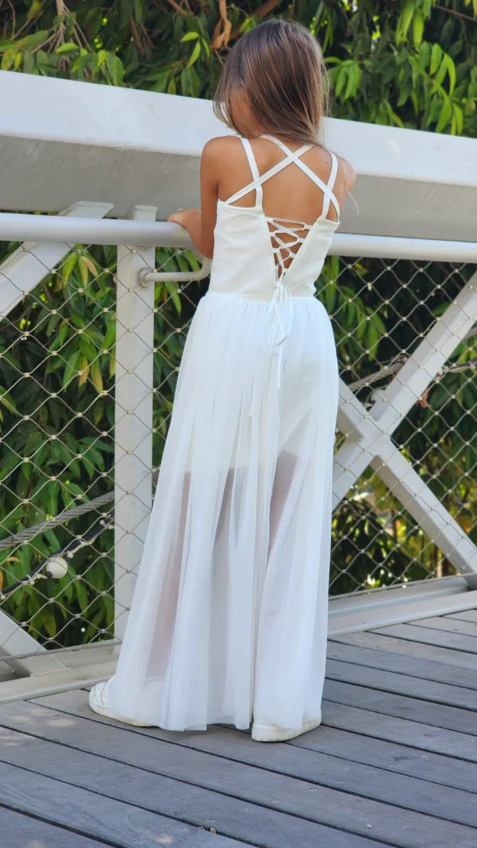 שמלה לילדה לארוע לבנה קשירה בגב