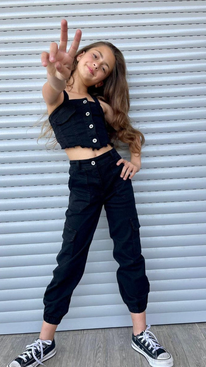 חולצת סטרפלס כתפיות ג'ינס שחור לילדה