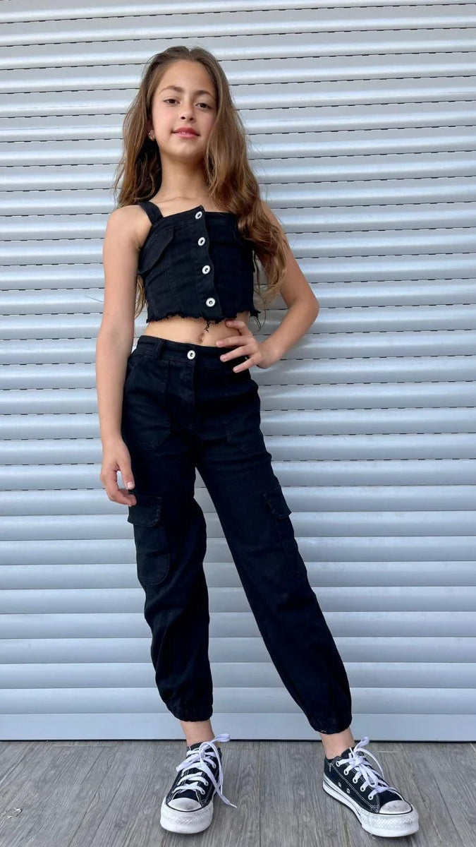 חולצת סטרפלס כתפיות ג'ינס שחור לילדה