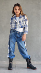 ג'קט משובץ לילדה נערה כולל חגורה