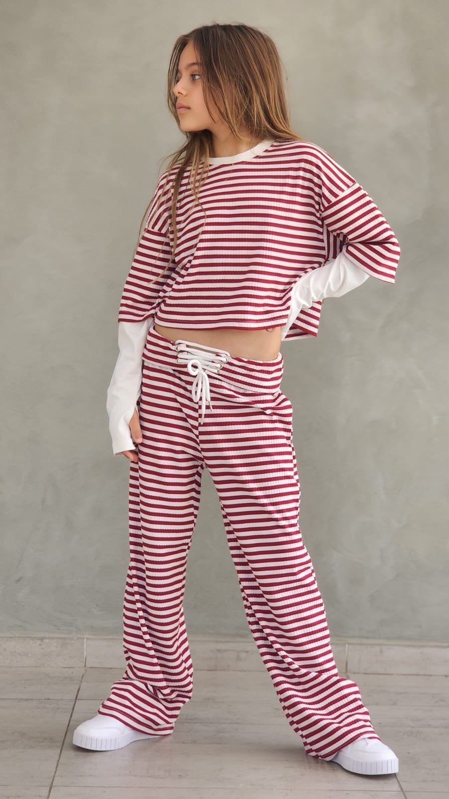 חליפת סריג פסים מכנס וחולצת שרוול כפפה