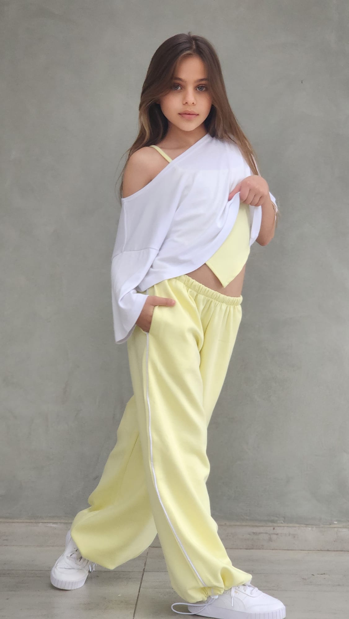 סט היפ הופ מכנס חולצה וגופייה ספורטיבי  לבנות צהוב