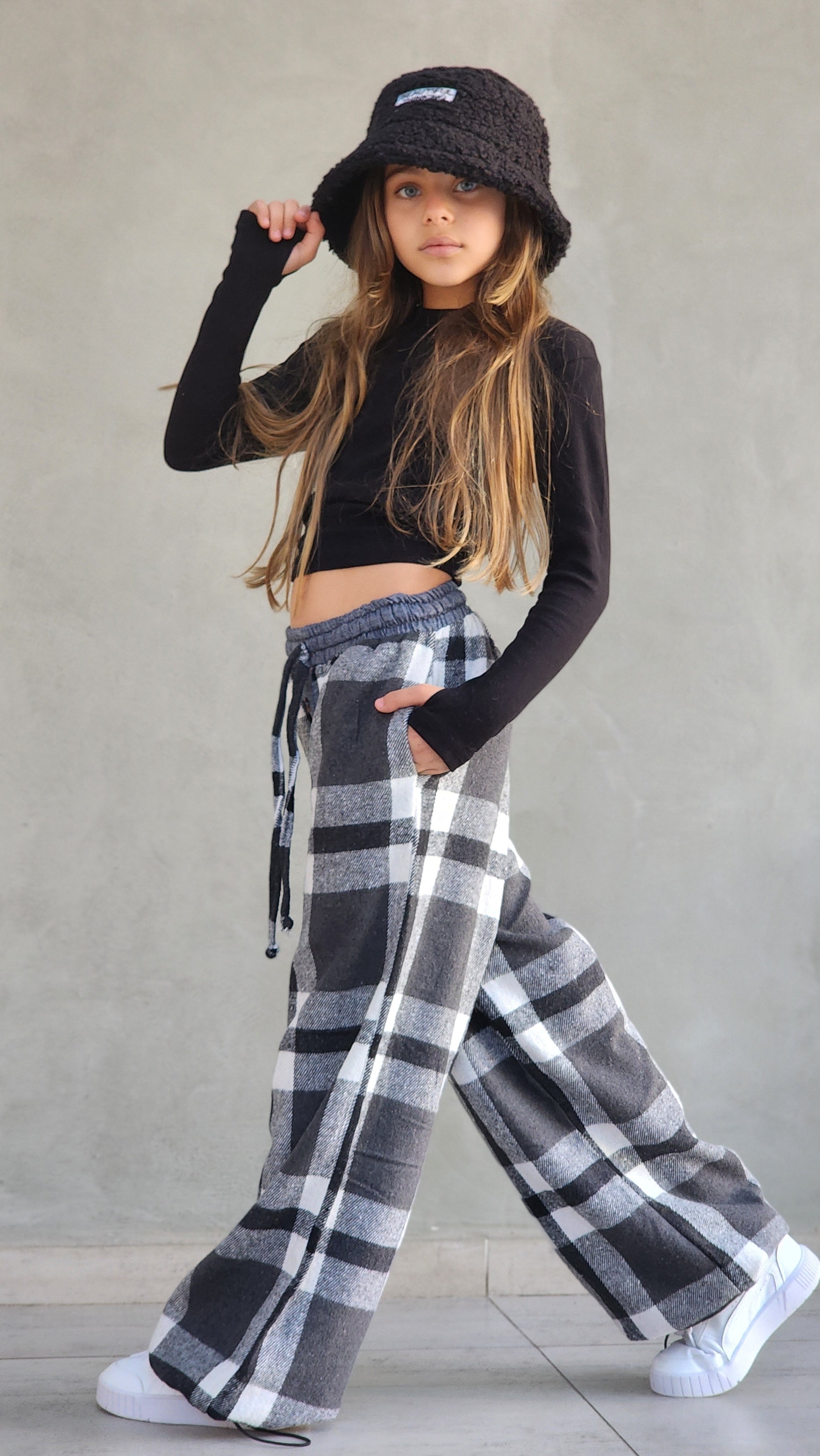 מכנס משובץ חולצה שרוול ארוך לילדות