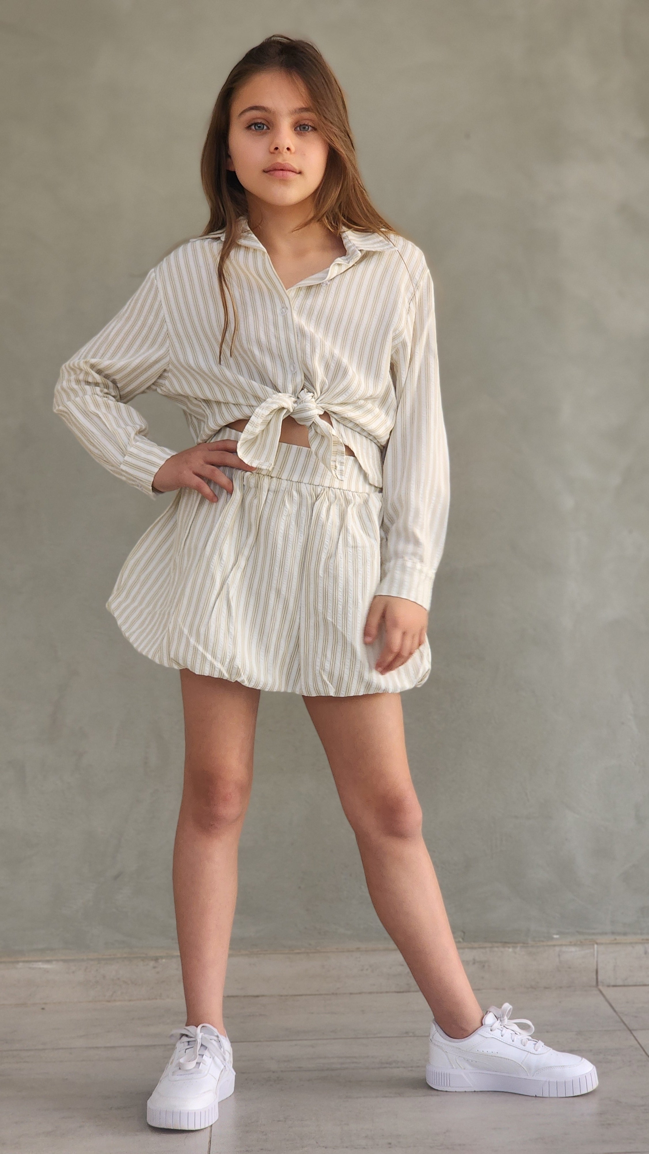 סט פסים לבנות חצאית בלון וחולצה מכופתרת DUNEKIDS