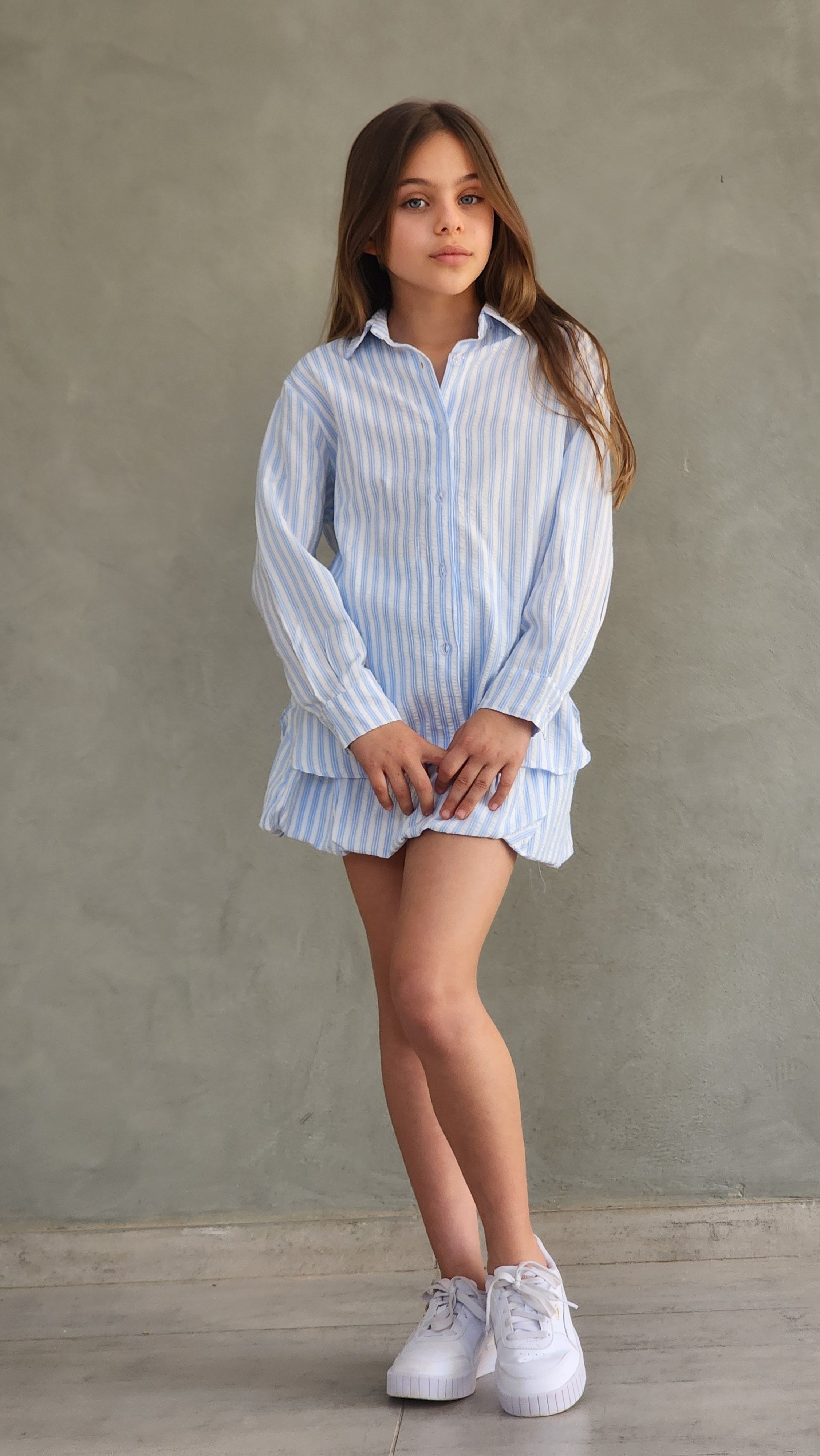 סט פסים חצאית בלון וחולצה מכופתרת