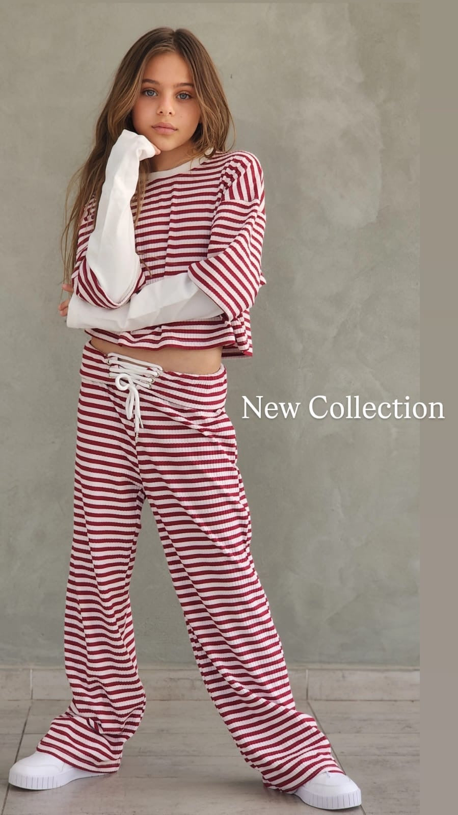 חליפת סריג פסים מכנס וחולצת שרוול כפפה