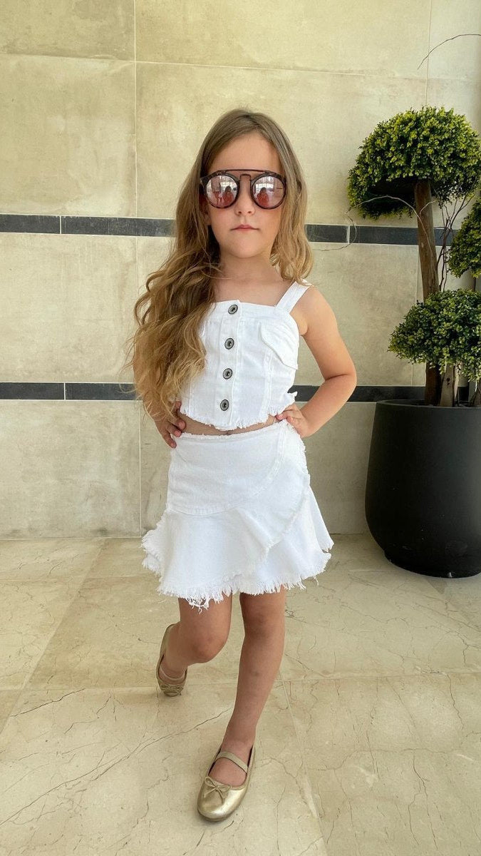 סט סטרפלס וחצאית לבנה ג'ינס