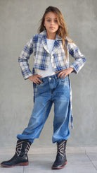 ג'קט משובץ לילדה נערה כולל חגורה