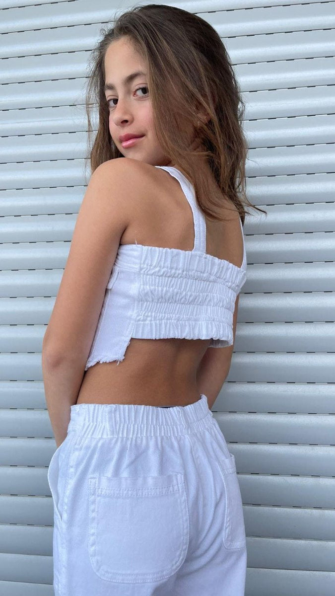 חולצת סטרפלס כתפיות ג'ינס לבן לילדה