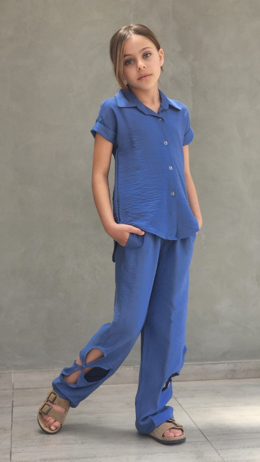 סט מכנס טקסטורה פרח וחולצה