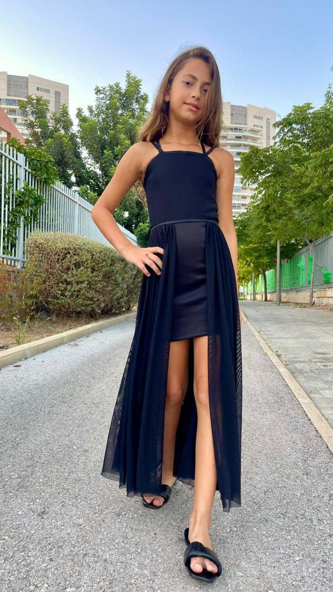 שמלה לילדה לארוע שחורה קשירה בגב