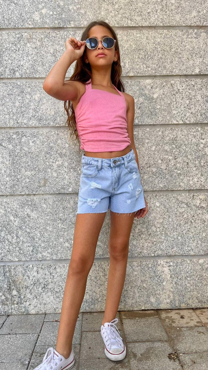  גופייה לילדה כיווץ קשירת גב ורודה