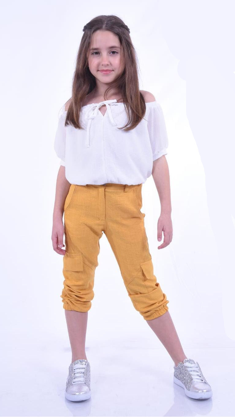 חולצת לילדה שרוול קצר קשירה לבנה
