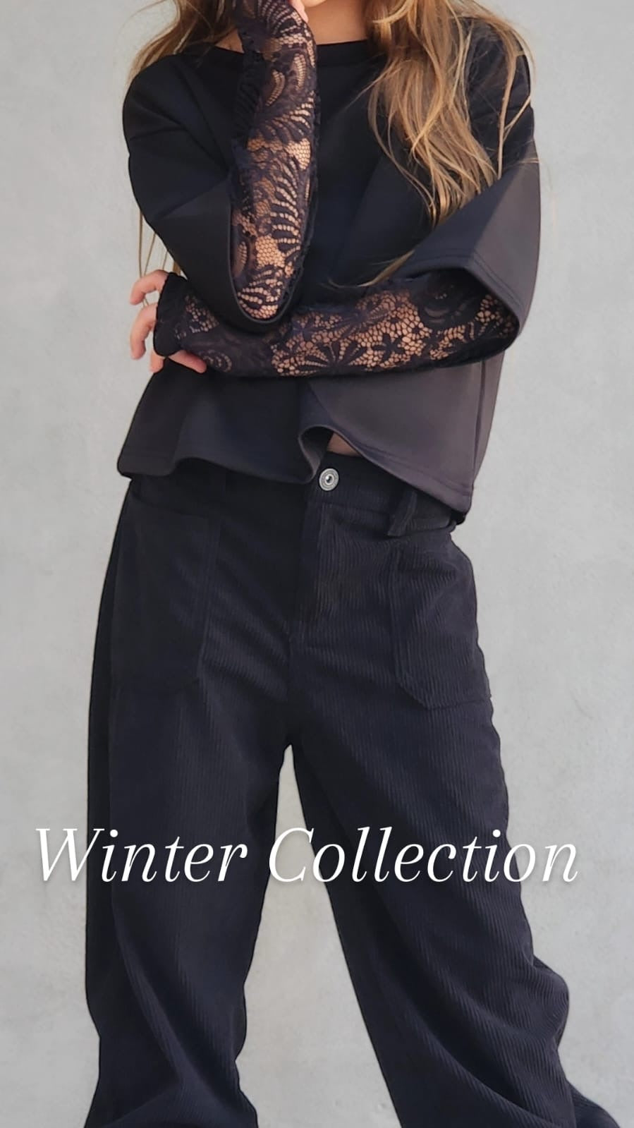 מכנס ארוך קורדרוי חולצת קרופ שרוול תחרה