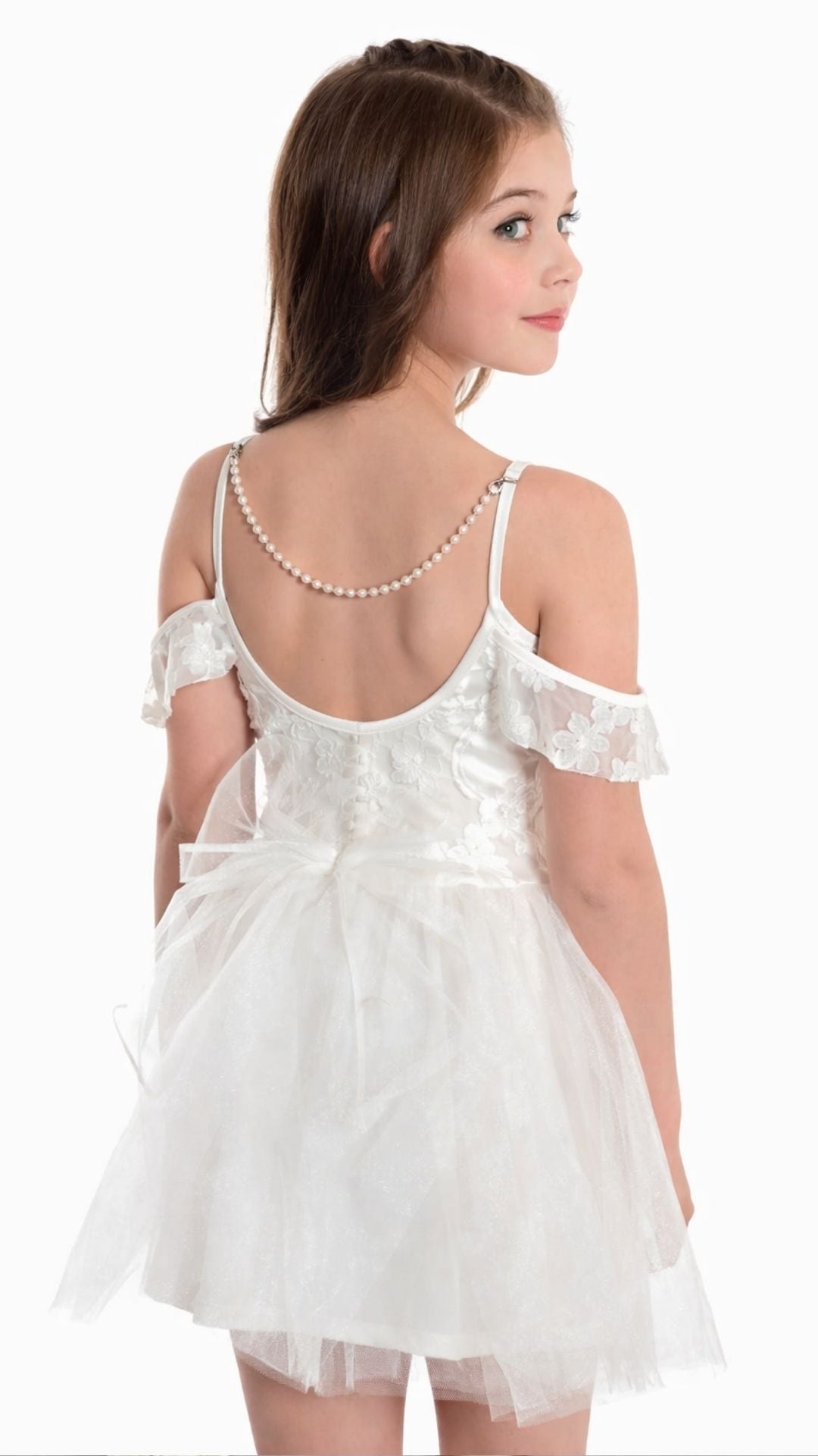 שמלת בת מצווש טוטו שילוב תחרה ושרשרת פנינים