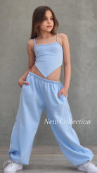 סט היפ הופ מכנס חולצה וגופייה ספורטיבי  לבנות תכלת