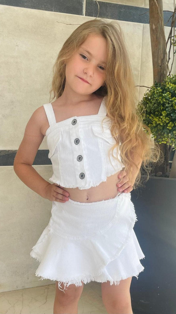 סט סטרפלס וחצאית לבנה ג'ינס