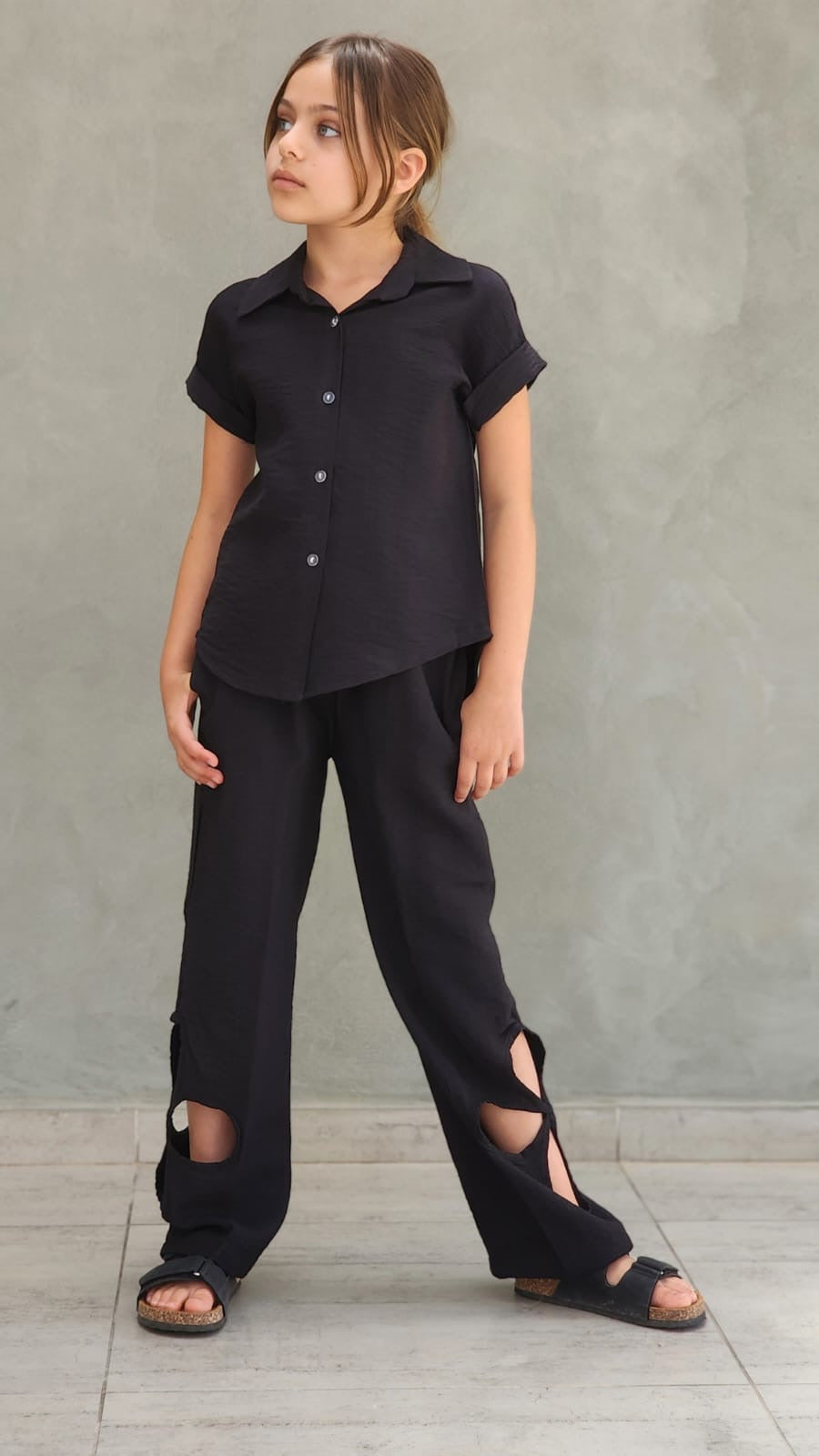 סט מכנס טקסטורה פרח וחולצה