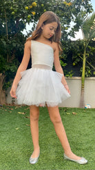 שמלה לילדה לארוע אלגנט עם טול כתף אחת לבנה