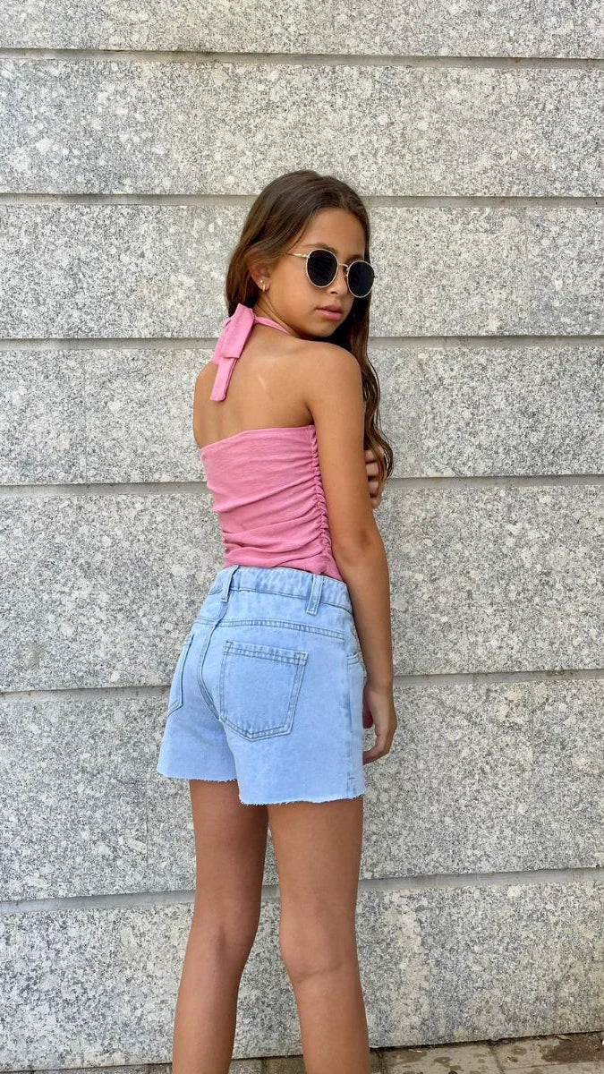  גופייה לילדה כיווץ קשירת גב ורודה