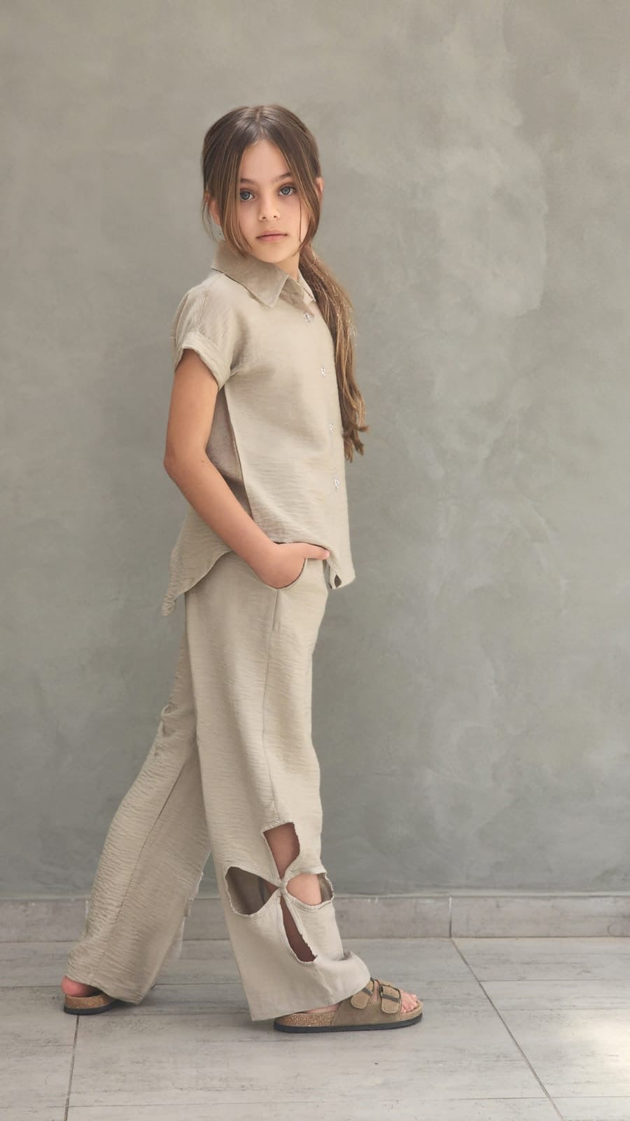 סט מכנס טקסטורה פרח וחולצה