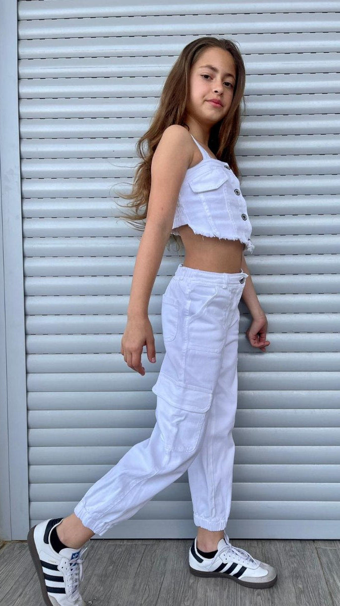 חולצת סטרפלס כתפיות ג'ינס לבן לילדה