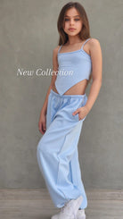 סט היפ הופ מכנס חולצה וגופייה ספורטיבי  לבנות תכלת