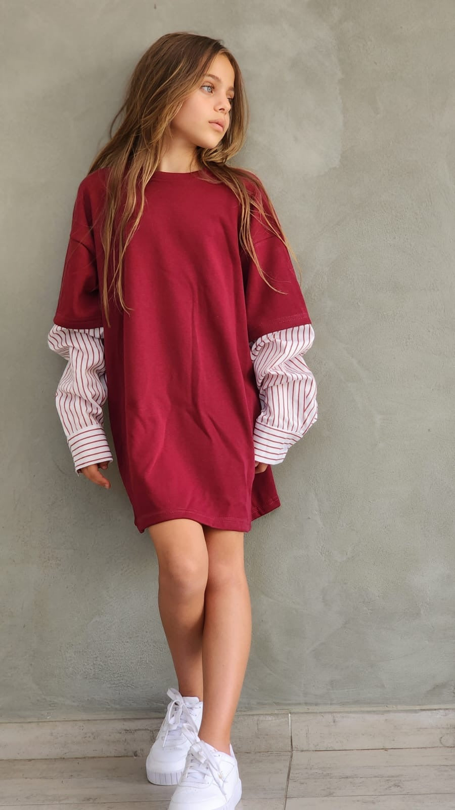 שמלת פרנצ'טרי שילוב שרוול פסים