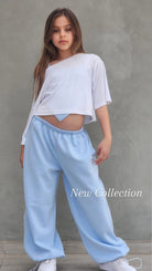 סט היפ הופ מכנס חולצה וגופייה ספורטיבי  לבנות תכלת