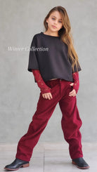 מכנס ארוך קורדרוי חולצת קרופ שרוול תחרה