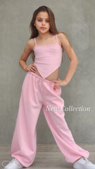 חליפת היפ הופ מכנס חולצה וגופייה לבנות וורוד